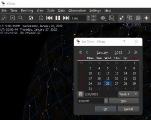 Setting the Observing Time in KStars to plan a session.