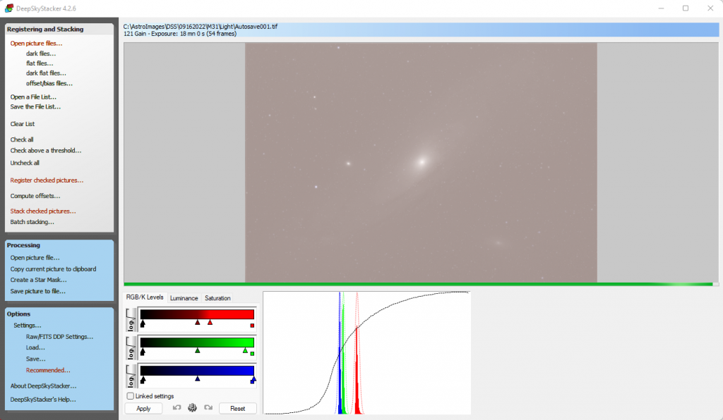 Screenshot of DSS stack of M31
