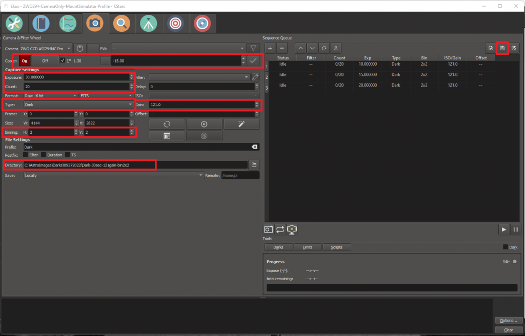 Ekos Capture Module - Creating Sequences for Darks