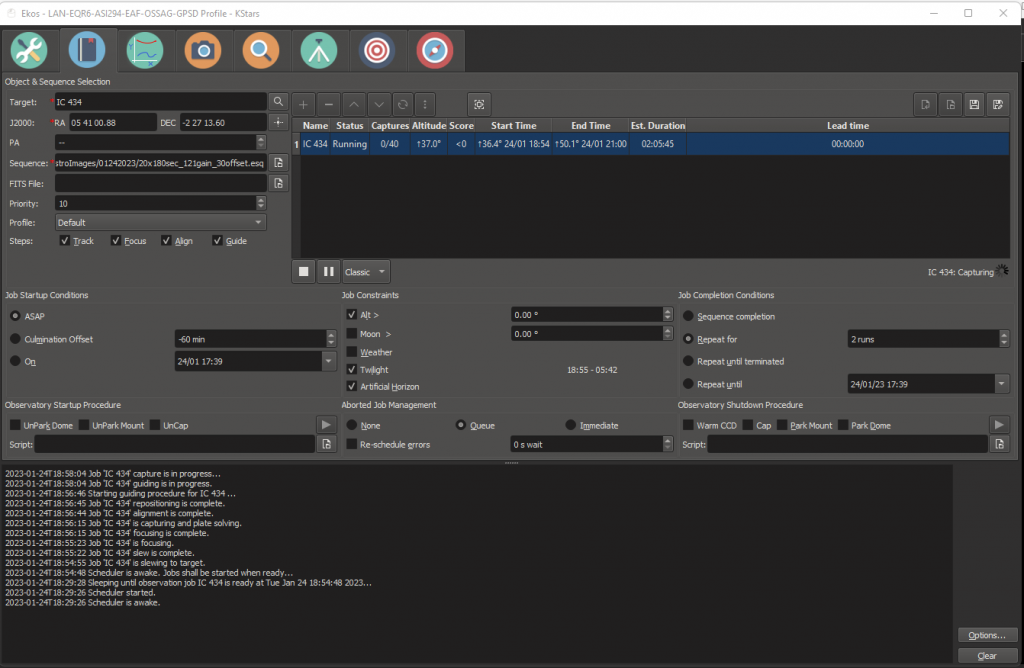 Ekos Scheduler Job Started - Imaging IC 434