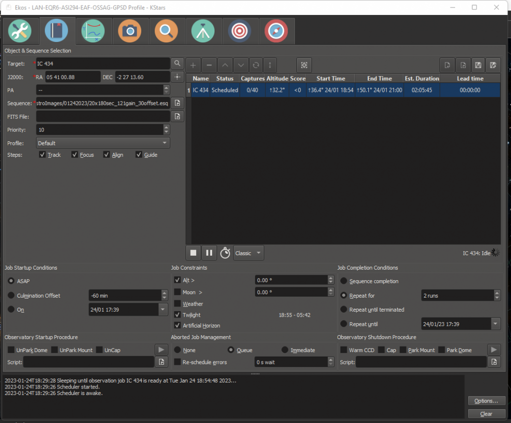 Ekos Scheduler Job Setup