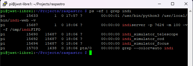 Verifying INDI Services started from the command line.