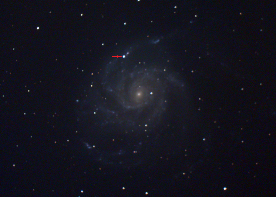 Messier 101 (M101) the Pinwheel Galaxy with Supernova SN2023ixf, SN Marked - EAA Capture 05/21/2023