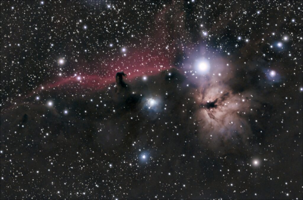 IC 434 and NGC 2024, the Horsehead Nebula and Flame Nebula. 33 x 300 sec, Captured 02/13/2024 stacked and processed in Siril. 