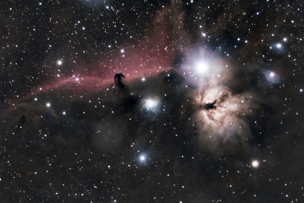 Horsehead and Flame Nebula - 33 x 300 seconds, captured on 02/13/2024 and processed in Siril.