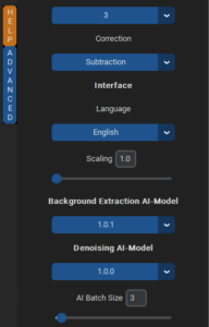 Select AI Model for Background Extraction and Denoising in GraXpert Advanced Settings