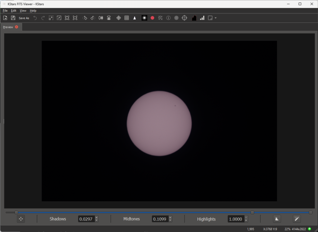 Sun capture in Ekos. Single 0.000032 second exposure.