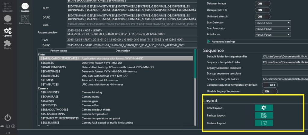 NINA Reset, Save, or Restore Imaging Dashboard Layout