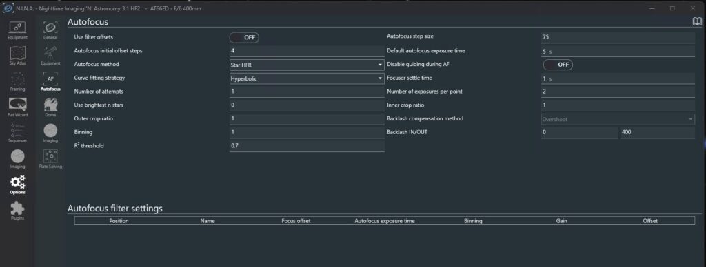 NINA Autofocus Settings